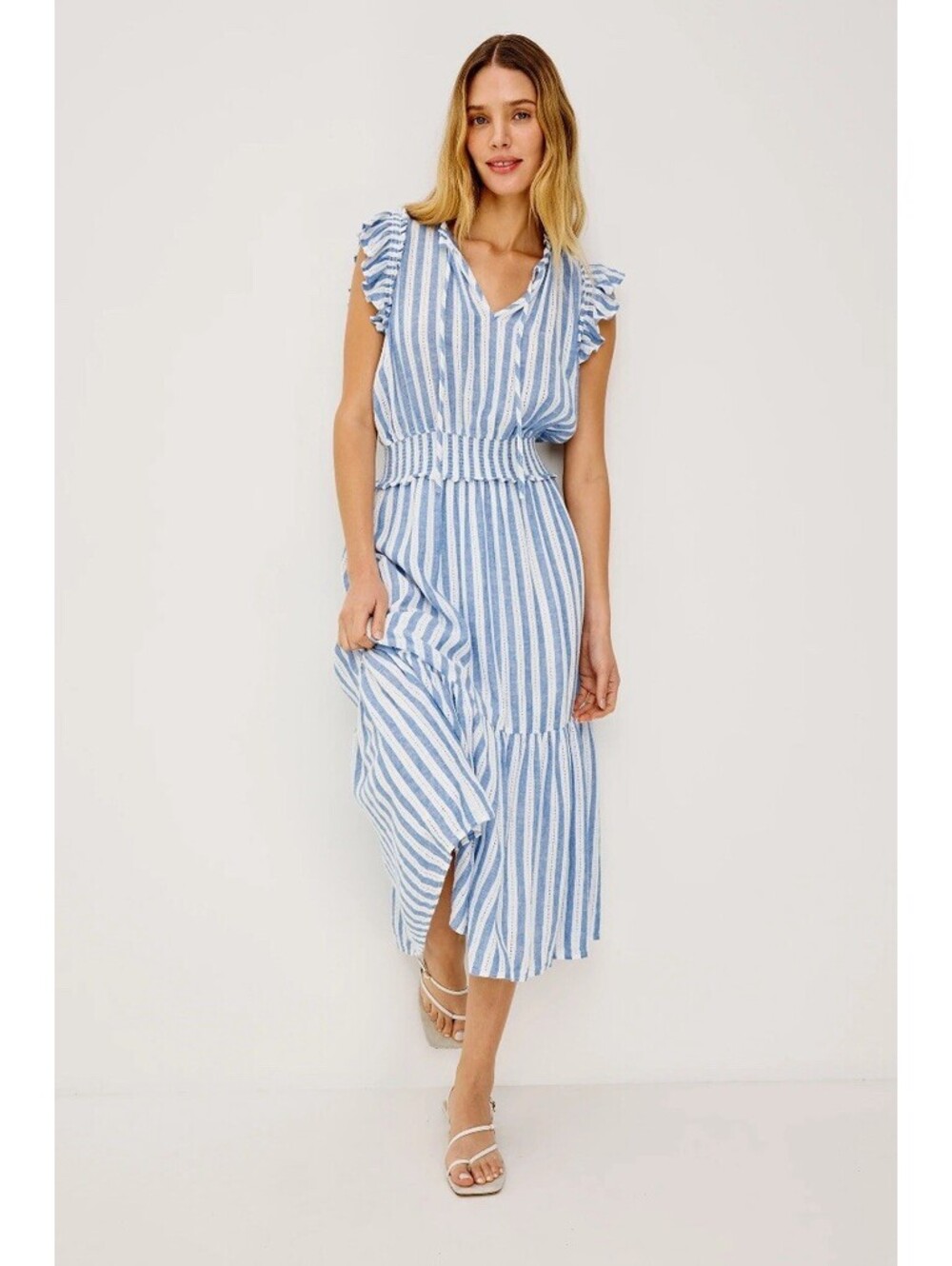 Rails Dress Blue White Striped Midi Waist Ruffled Hem S